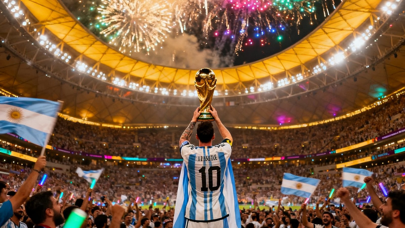 2022年卡塔尔世界杯决赛现场，梅西身披阿根廷国旗高举大力神杯，卢赛尔体育场烟花绚烂绽放，全场数万名球迷沸腾欢呼的历史性时刻。